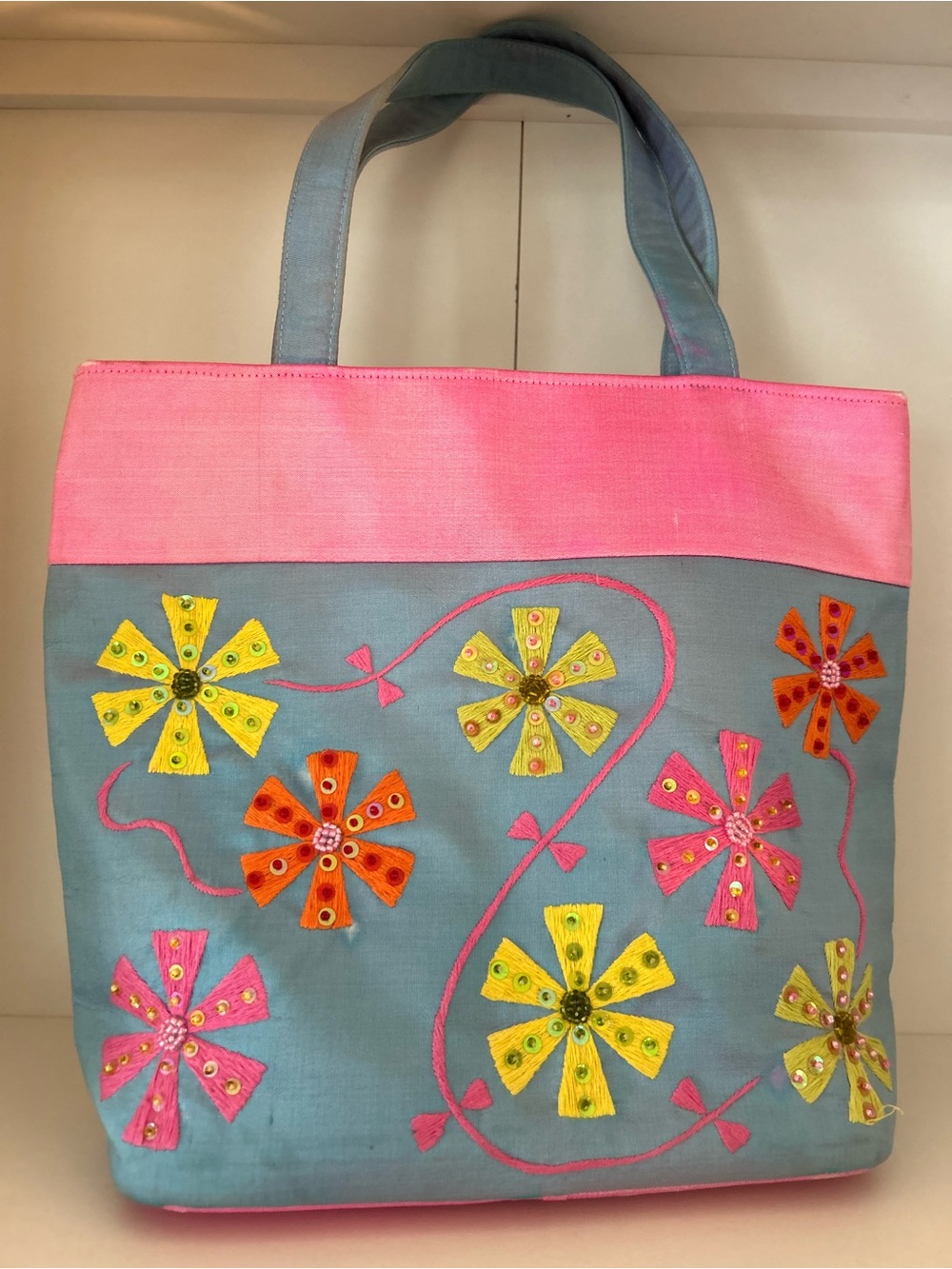 Pink & Blue Floral Embroidered Tote Bag